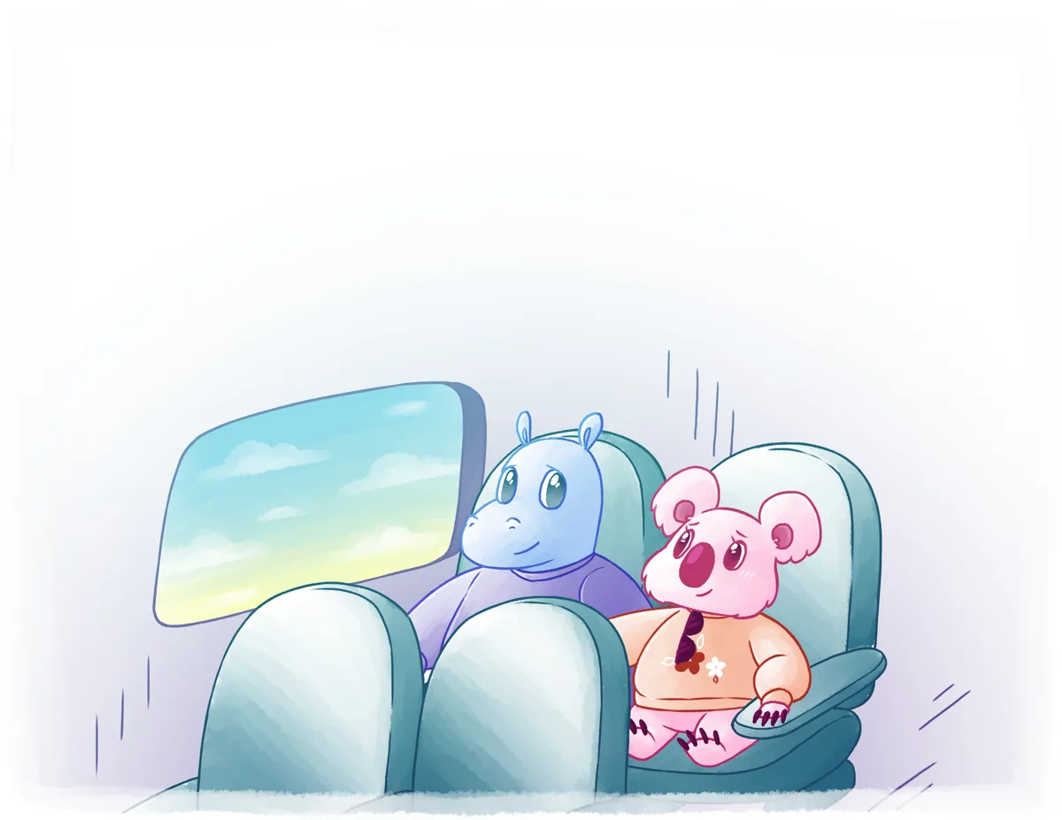 Hope and Harry sit buckled into their seats beside a plane window.