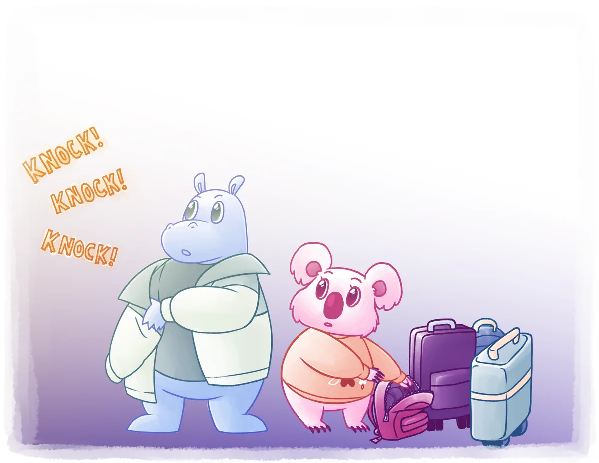 Harry and Hope stand with their suitcases looking startled, beside hand-lettered "KNOCK! KNOCK! KNOCK!".
