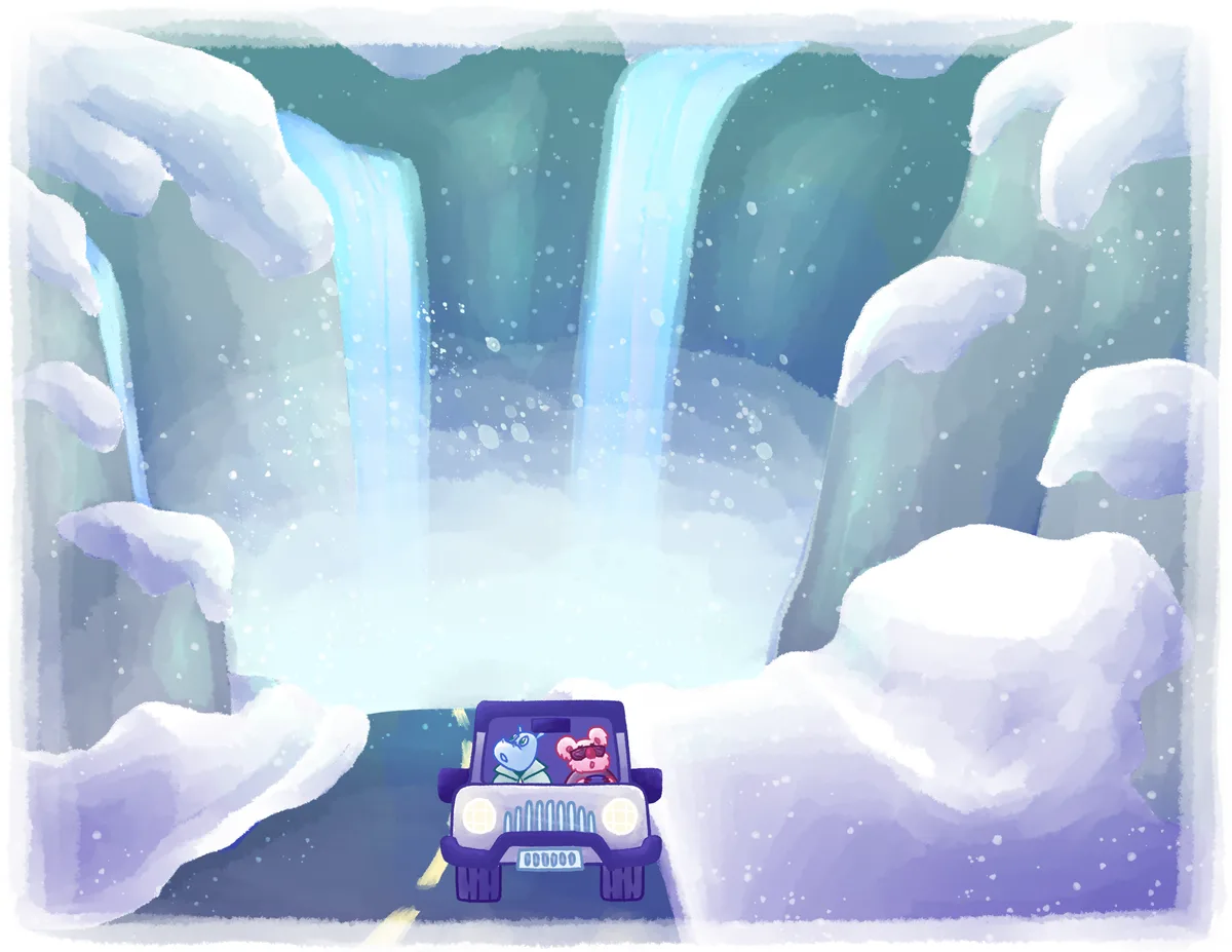 A purple jeep drives a road cut between towering snow banks, a frozen waterfall behind.