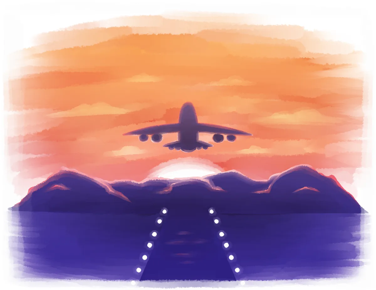 A plane climbs in silhouette over a runway, sunset sea and dark mountains.