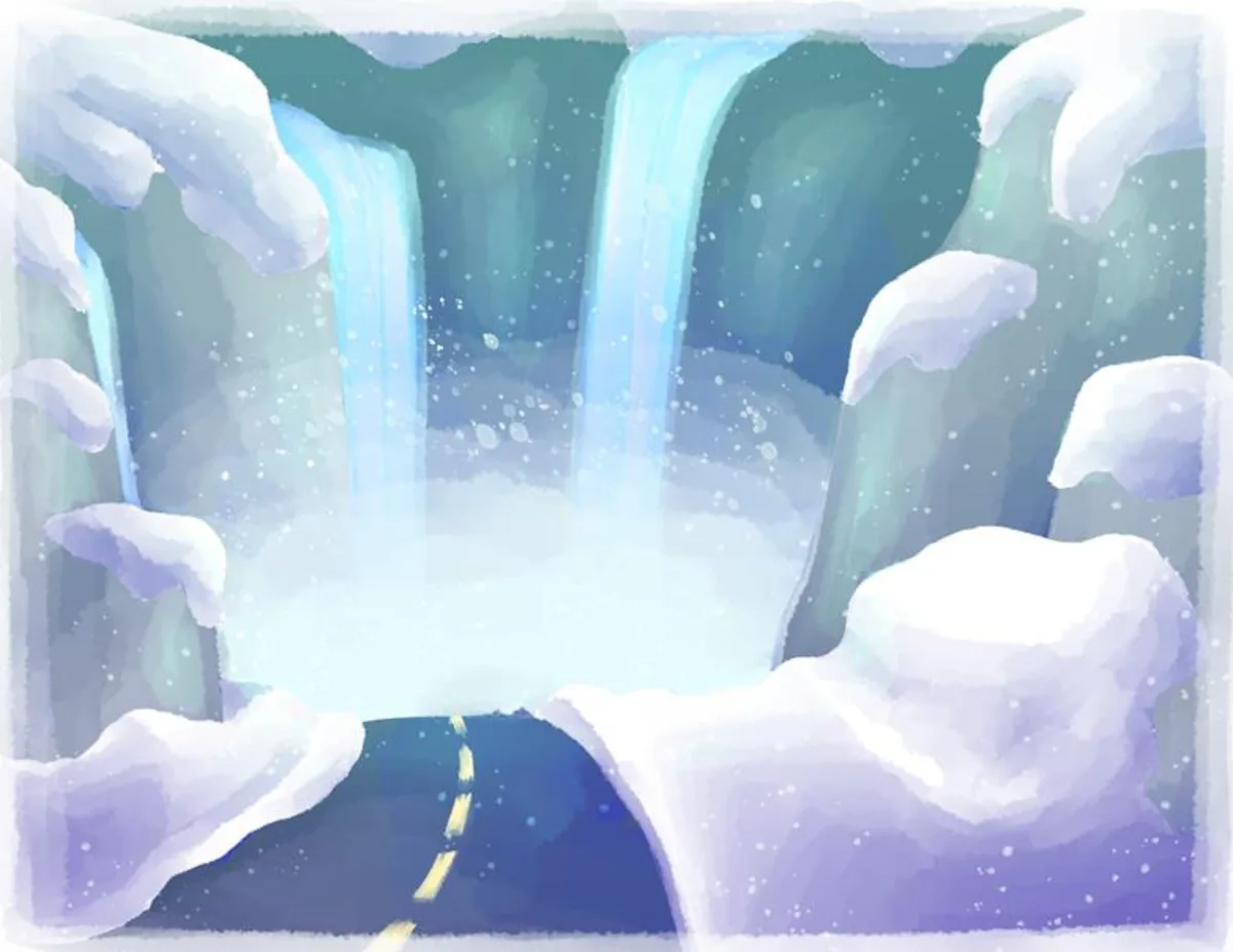 Back cover. A road runs between snow banks toward a wide turquoise waterfall in falling snow.