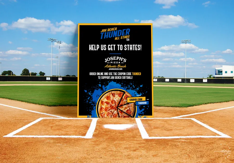 Fundraiser flyer reading "Jax Beach Thunder All Stars 12U. Help us get to states!" above the Joseph's Pizza Atlantic Beach logo, with "order online and use the coupon code THUNDER to support Jax Beach Softball" over a photographed pizza