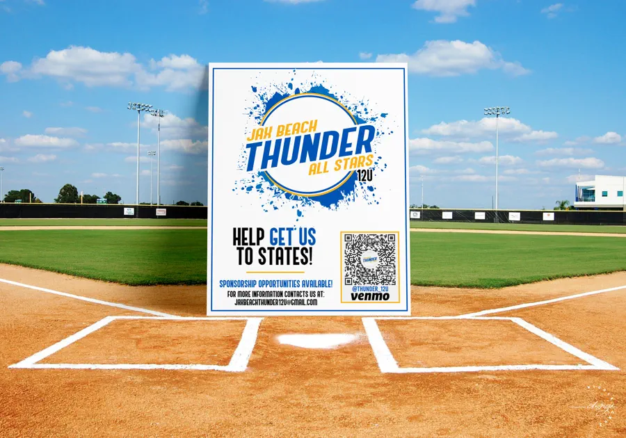 Sponsorship flyer reading "Jax Beach Thunder All Stars 12U. Help get us to states! Sponsorship opportunities available", with a Venmo QR code and the team handle