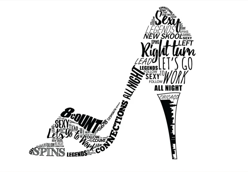 A high heel composed of black dance lettering, including spins, right turn, and all night.